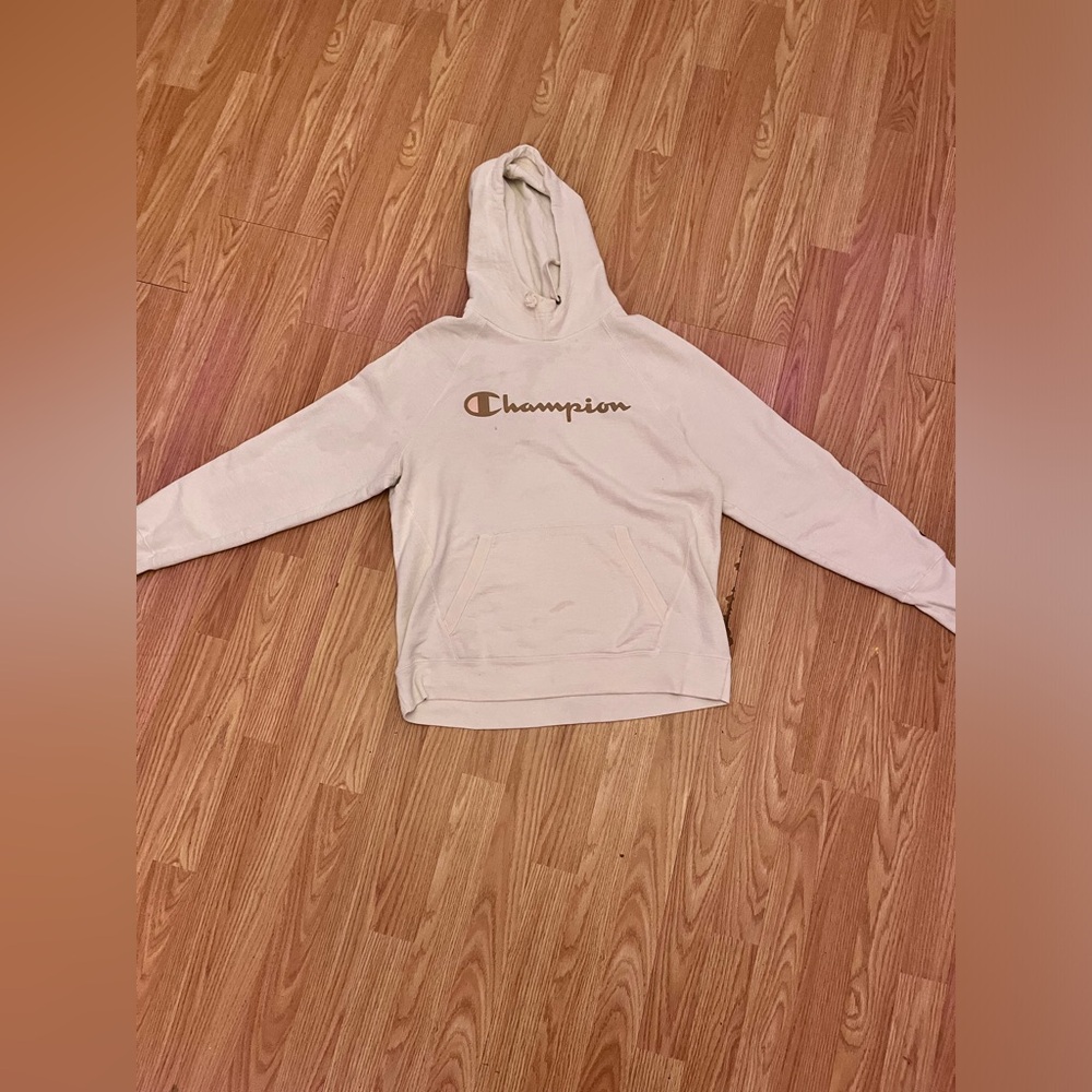 Cream colored champion hoodie, size L